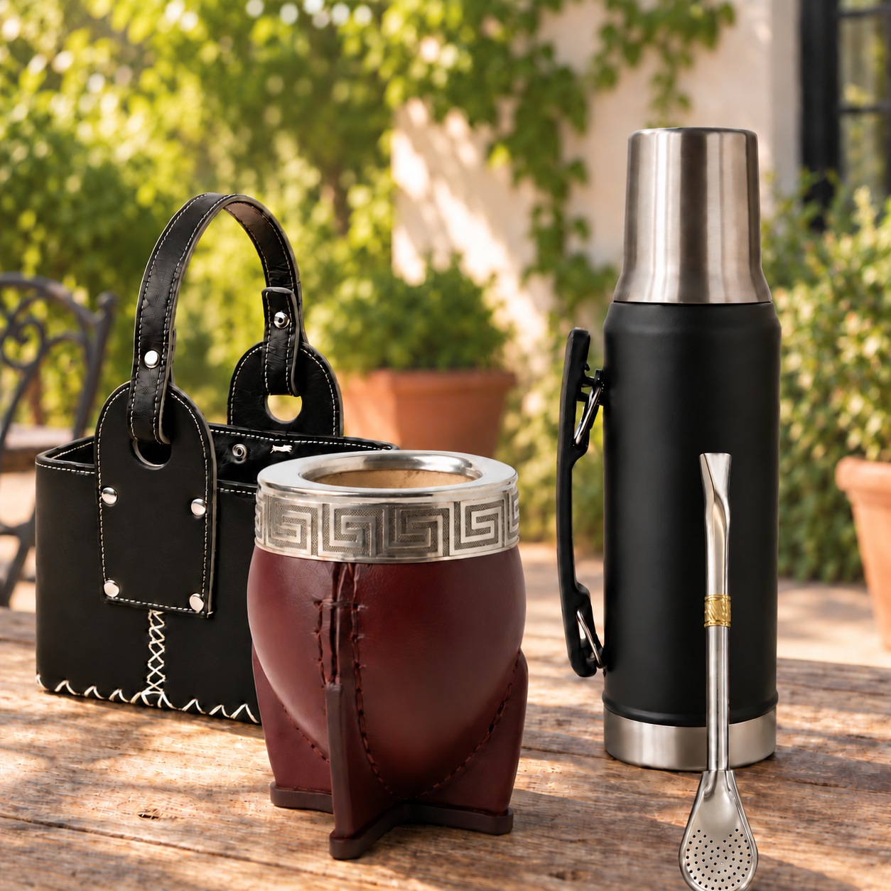Mate imperial, termo Stanley, bombilla y canasta de Mates Che en un patio natural